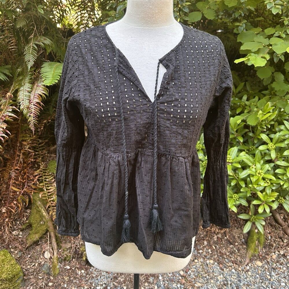World Market Small Eyelet Tie Peasant Top Black Long Sleeve Small/Medium